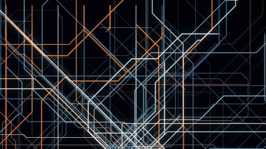 Soyut geometrik çizgili desen, hareket grafikleri. Renkli çizgilerin sonsuz miktarı siyah arkaplanda izole edilmiş karmaşık bir boru hattı yapısı oluşturur.