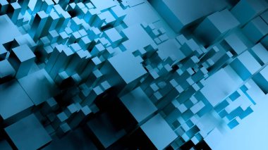 Beyaz ve mavi kırık arka plan. Görev. Soyutlamada üç boyutlu kareler farklı boyutlarda büyüyor. Yüksek kalite 4k görüntü