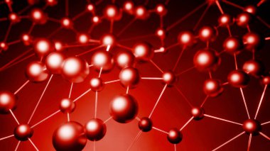 Pembe ve kırmızı arka plan. Tasarım. Soyutlamada hareket eden çizgilerle birbirine bağlı yuvarlak atomlar. Yüksek kalite 4k görüntü