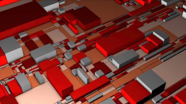 3D yüzeyde renkli küpler. Hareket. Renkli küplü 3 boyutlu çip projeksiyonu. Farklı boyutlarda küplerden yapılmış soyut şehir planı veya mikroçip.