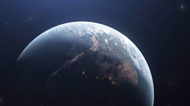 Gün değişimiyle dünyayı döndürmek. Hareket. Hızlandırılmış dönüşlü doğal Dünya 'nın 3 boyutlu modeli. Dış uzayda günün değişimiyle Dünya 'yı döndürüyor.