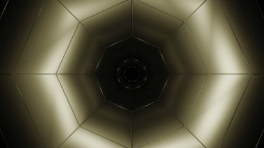 Geometrik çizgileri olan hareket eden bir tünel yanılsaması. Tasarım. Sekizgen figür tünelde hareket ediyor. Geometrik şekli ve çizgileri olan hipnotik tünel.