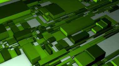 Çok renkli dikdörtgenler. Hareket. Turuncu ve yeşil arkaplan. Bilgisayar grafiklerinde hareket eden çeşitli uzun çizgiler. Yüksek kalite 4k görüntü