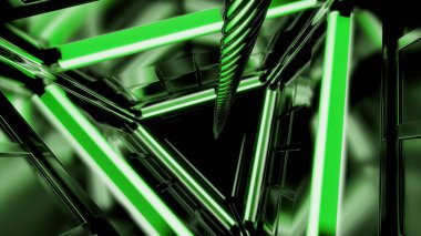 Pembe ve yeşil arka plan. Desine. Ters yönde hareket eden ve bilgisayar grafiklerinde üretilen üçgen şekilli bir tünel. Yüksek kalite 4k görüntü