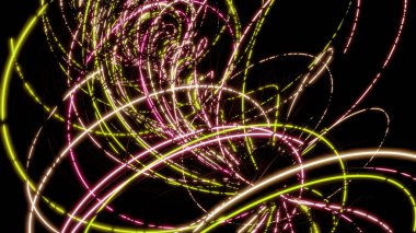 Soyut olarak çarpık çizgiler. Belirli. Çeşitli parlak renkli çizgiler çeşitli desenler ve girdap şeklinde çizimler oluşturur. Yüksek kalite 4k görüntü