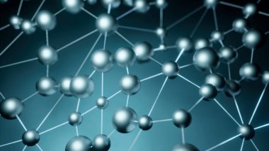 Bağlı beyaz atomlar. Tasarım. Animasyon ile yeşil ışık arka planı ve soyutlama ile yapılan bir ızgarada bağlı atomlar. Yüksek kalite 4k görüntü