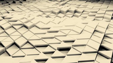 Sarı ve beyaz arkaplan. Görev. Aynı renkteki küçük üçgenler üç boyutlu formatta yükselir ve geri çekilir. Yüksek kalite 4k görüntü