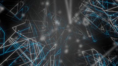 Siyah arka plan. Hareket. Grafiklerdeki beyaz ve mavi çizgiler kaotik yerlere 3 boyutlu olarak uçar. Yüksek kalite 4k görüntü