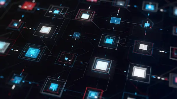 stock image High tech computer circuit board with many signals flowing fast on black background. Abstract microcircuit with colorful square shaped pulsating details.