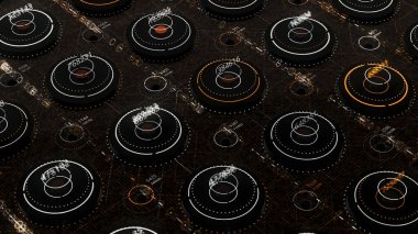 Medya profesyonelleri için kadranlar, düğmeler ve parlak tasarım unsurları içeren karmaşık bir kontrol paneli.