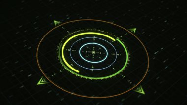 Gelecek ve yenilik kavramı. Koyu arkaplanda rakamlar olan dairesel grafiğin soyut canlandırması