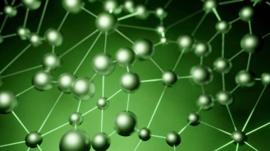 Yeşil ve mavi arka plan. Tasarım. Mikroskop altında hareket ediyormuş gibi bağlanmış yuvarlak moleküller. Yüksek kalite 4k görüntü