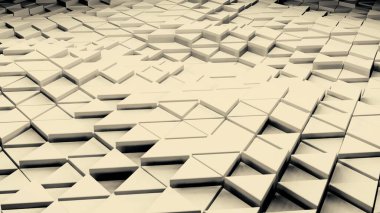 Sarı ve beyaz arkaplan. Görev. Aynı renkteki küçük üçgenler üç boyutlu formatta yükselir ve geri çekilir. Yüksek kalite 4k görüntü