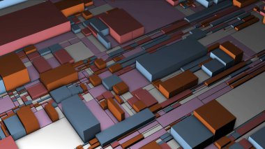 Değişik boyut ve renklerde hareket eden blokları olan soyut geometrik arkaplan. Hareket. 3B dikdörtgen şekiller yüzey