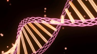 Noktalı DNA sarmalı dönüyor. Tasarım. Güzel DNA sarmalı sihirli parlayan noktalarla döner. Siber uzayda sihirli DNA sarmalı.