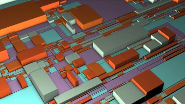 Renkli karelerin hareketli şeması. Hareket. Renkli karelerin 3 boyutlu harita diyagramı. Renkli karelerin çoğu çarpık yüzeyde hareket ediyor. Soyut ana kart.