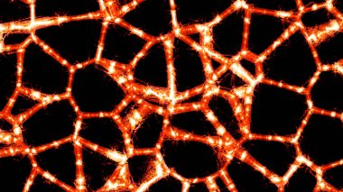 Soyut sinirsel ağlar hareket halinde. Tasarım. Siyah arka planda soyut biyolojik sinirsel ağlar. Parlak hareketli darbelere sahip hücre ağları.