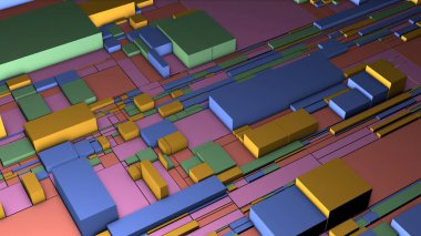Çok renkli geometrik şekiller. Hareketler, alışveriş merkezleri ve üç boyutlu formatlardaki büyük kareler soyutlamayla boyutu değiştirerek hareket ederler. Yüksek kalite 4k görüntü