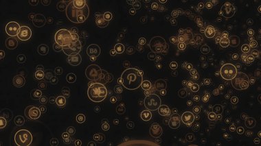 Siyah arkaplanda yüzen popüler sosyal ağlar ve hizmet uygulamaları simgelerinin renkli soyutlanması. Teknoloji, sosyal medya ve İnternet arkaplanı.