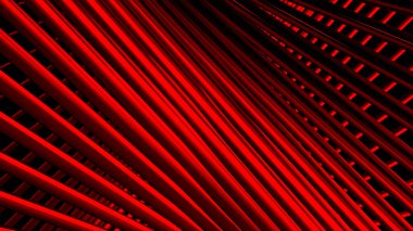 Eğimli doğrusal dizaynlı hipnotik animasyon. Hareket. Üç boyutlu çizgiler uzayda hipnoz etkisiyle bükülür. Bilgisayar alanında üç boyutlu çizgilerin soyut eğimli inşaatı.