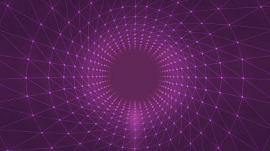 Sanal ızgaralı yuvarlak koridor. Hareket. Sanal uzayda dairesel ızgarası olan merkezi bir tünel. Siber uzayda neonlu hipnotik tünel.