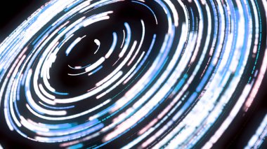 Çok renkli neon spirallerin güzel soyut animasyonları siyah arkaplanda daireler çizerek dönüyor. Parlak canlı lazer aydınlatması