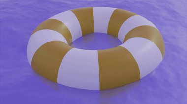 Çok renkli bir denizde özel kurtarma ekipmanları. Tasarım. Çizgi filmlerdeki gibi parlak bir denizin dalgalarında yüzen beyaz çizgili bir can simidi.