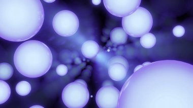 Açık mor uçan sakin küre koyu mavi arkaplanda. Tasarım. Yavaşça akan ışık topları, meditasyon konsepti