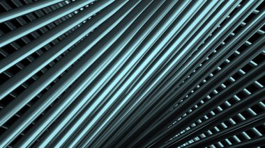 Eğimli doğrusal dizaynlı hipnotik animasyon. Hareket. Üç boyutlu çizgiler uzayda hipnoz etkisiyle bükülür. Bilgisayar alanında üç boyutlu çizgilerin soyut eğimli inşaatı.