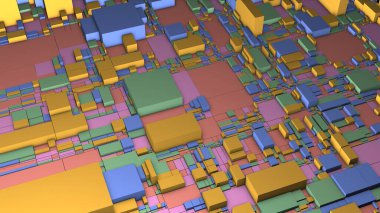 Renkli karelerin hareketli şeması. Hareket. Renkli karelerin 3 boyutlu harita diyagramı. Renkli karelerin çoğu çarpık yüzeyde hareket ediyor. Soyut ana kart.