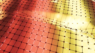 Dalgalar şebeke ve noktalarla yüzeyi bozuyor. Tasarım. Noktalı ve dalgalı renkli yüzey. Şebeke yüzeyinde noktalı parlak 3D dalgalar.