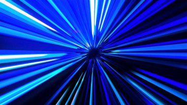 Soyut patlayıcı siber uzay animasyon geçmişi. Hareket. Mavi dönen ışınlar tünel gibi görünüyor