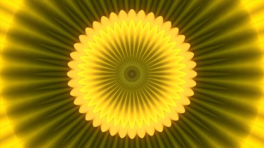 Soyut çiçek desenli sarı renkli, pürüzsüz bir halka. Hareket. Yaprakları dönüştüren ayçiçeği çemberleri