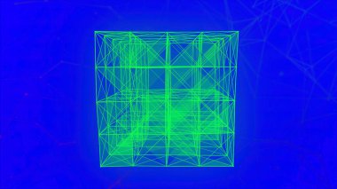 Birçok şeffaf bağlı kenarlar dijital uzayda kübik şekil yaratıyor. Hareket. Renkli parlayan 3B figür