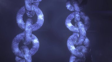 Eski zincirin 3 boyutlu animasyonu. Hareket. Ortaçağ tarzında büyük halkaları olan eski bir zincir. Oyun eklentileri için canlandırma.