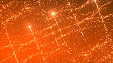 Turuncu arka plan. Hareket. Farklı yerlerdeki küçük parlak parıltılar soyutlamada parlak bir arkaplan üzerinde uçar. Yüksek kalite 4k görüntü