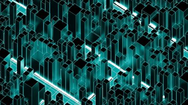 Neon turkuaz aydınlatma ile inşa edilmiş animasyon şehir modeli. Tasarım. Yeni bir şehrin siluetleri, kentleşme kavramı