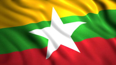 Myanmar bayrağı 3D animasyon sallıyor. Hareket. Myanmar 'ın sembolü. Beyaz yıldızlı üç renkli bayrak.