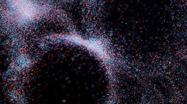 Renkli toz girdabının animasyonu. Animasyon. Toz akıntıları siyah arka planda kabarır. Renkli toz girdap gibi hareket ediyor sanki mıknatıslanmış gibi..