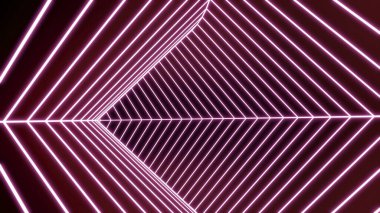 Hızlı hareket eden üçgen tünel. Tasarım. Neon çizgileri olan üçgen kıvrımlı bir tünel. Çizgili neon tünele siber atlama.