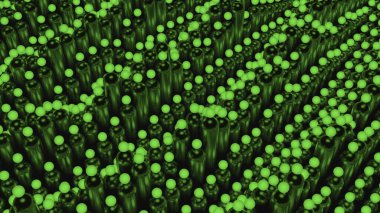 Sütunları ve topları olan 3 boyutlu dalgalar. Tasarım. Parlayan toplarla dalga silindirlerinde yükseliyor. 3 boyutlu geometrik çizgileri ve topları olan hipnotik dalgalar.