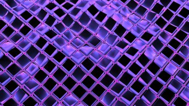 3D küpler neon hücrelerde hareket eder. Tasarım. Neon hücrelerdeki karelerin dalga hareketleri. Yüzeydeki 3 boyutlu kareler neon ışıklı dalgalar halinde hareket eder.