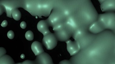 Hareket eden sıvı damlacıklarla animasyon. Tasarım. Dalgalar halinde hareket eden yuvarlak damlacıkları olan sıvı. Siyah arkaplanda sıvı taşınıyor.