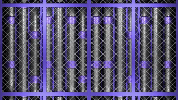 Stock image Abstract rows of metal pipes behind metal grid. Design. Abstract industrial background with silver tubes behind the fence