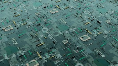 Dağınık kareli yeşil bir arka plan. Tasarım. Geometrik şekilli, farklı renk ve boyutlarda hafif animasyon. Yüksek kalite 4k görüntü