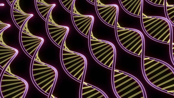 Перемещение генетических спиралей. Дизайн. Многие линии генетических спиралей ДНК. Спирали ДНК движутся и вращаются рядами. Предпосылки для науки и медицины.