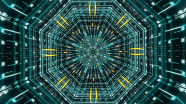 Işıl ışıl parlayan floresan ışıklarının içinde ilerliyoruz. Bilimkurgu 'nun siyah arka plandaki sonsuz tünelinin fütüristik soyutlanması..