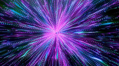 Parlak bir ışık akışı. Hareket. Animasyondaki mor ışınlar ışık saçar ve karanlık arkaplanı su basar. Yüksek kalite 4k görüntü