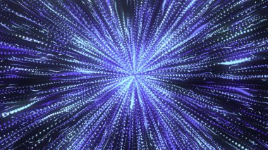 Kozmik enerji, kara uzay arka planındaki küçük bir noktadan yayılıyor. Hareket. Mavi parıldayan ışınlar