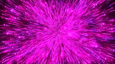 Parçacık ve ışınlardan oluşan kürenin küçüldüğü sihirli pembe animasyon. Hareket. Ekran merkezine doğru hareket eden parçacıklar